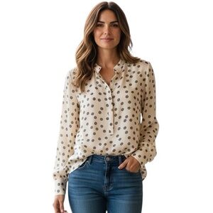 DEREK LAM 10 CROSBY LONG SLEEVE BUTTON CUFF HALF BUTTON CREAM PRINT PULLOVER TOP
